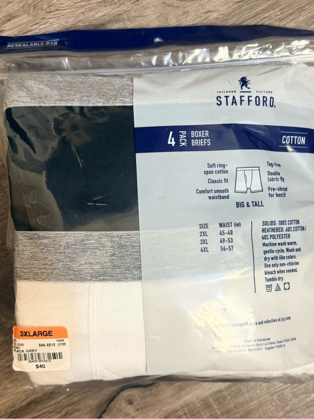 Stafford 4-Pack Men's Big & Tall Cotton Boxer Brief Black Grey Classic Comfort